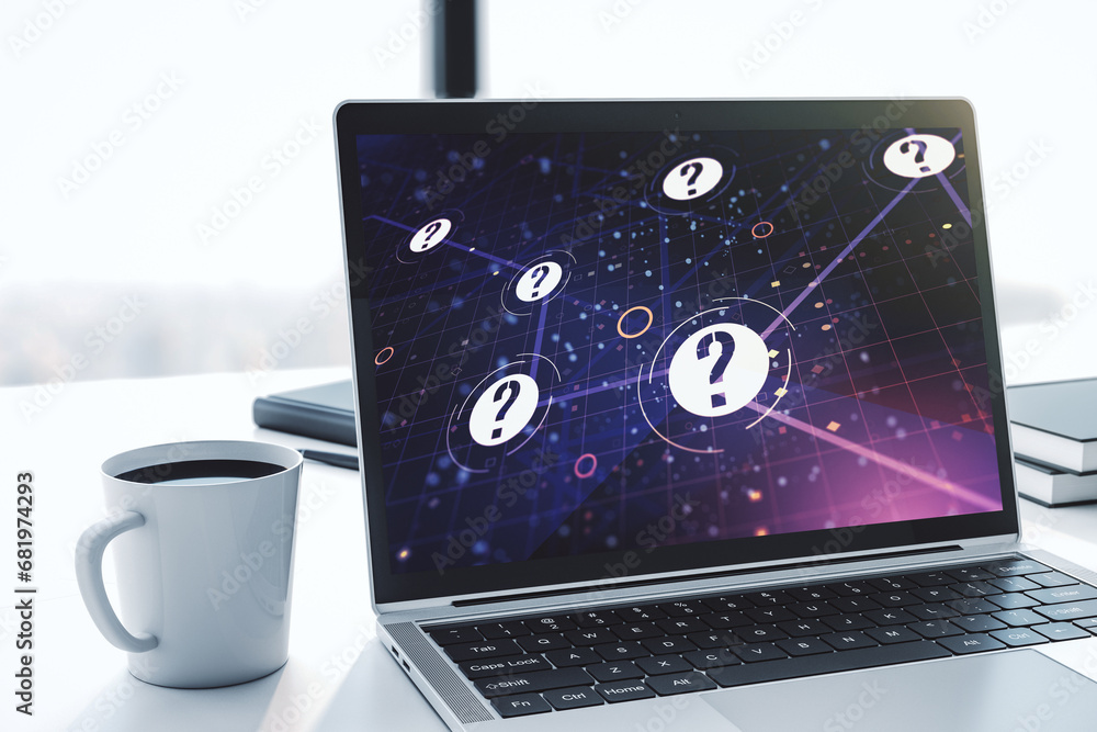 Aufkleber Creative abstract question mark hologram on modern computer monitor, future technology concept. 3D Rendering
