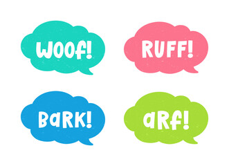 Dog bark animal sound effect text in a speech bubble balloon clipart set. Cute cartoon onomatopoeia comics and lettering.