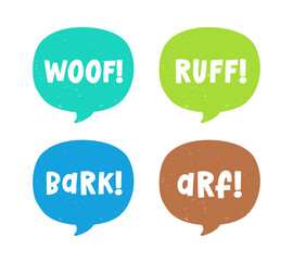 Dog bark animal sound effect text in a speech bubble balloon clipart set. Cute cartoon onomatopoeia comics and lettering.
