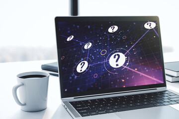 Creative abstract question mark hologram on modern computer monitor, future technology concept. 3D...