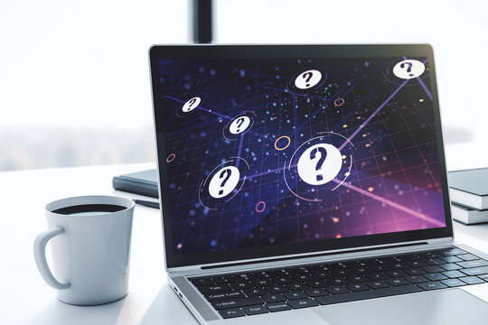 Creative abstract question mark hologram on modern computer monitor, future technology concept. 3D Rendering