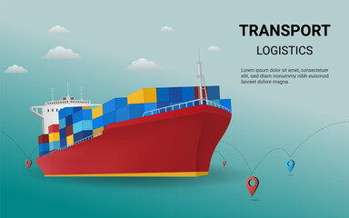 Transportation by cargo ship, online order tracking, global logistic, sea logistics. Ship, warehouse, cargo, container, courier. Concept for website or banner. 3D Perspective Vector illustration