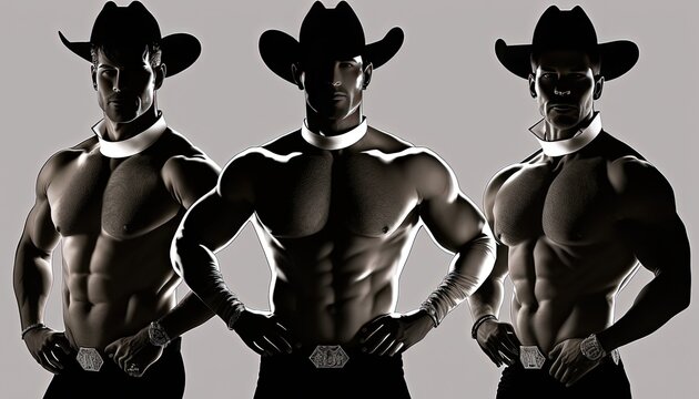 Three Chippendales man striptease show dancer dancing love single beauty sex appeal naked cut-out bow tie silhouette charming torso muscle muscular vector vectorial knot butterfly undressed string