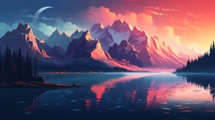 Watercolor Mountains and lake with reflection in the water at sunset. Mountain lake at sunset. Beautiful natural landscape.
