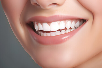 Obraz premium The close up dental part of a female model smiling with healthy whiten teeth shot in a studio. Generative AI.
