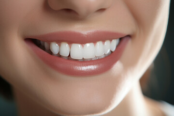The close up dental part of a female model smiling with healthy whiten teeth shot in a studio. Generative AI.