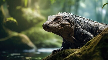 Obraz premium In the scenic national park, amidst the breathtaking nature, a large monitor lizard emerged from the water, captivating the wildlife enthusiasts with its big, close up encounter showcasing its