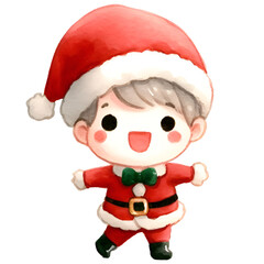 Christmas cute Santa happy action ,balloon,giftbox,candy,map,letter,sledge watercolor holiday illustration isolated on white background, symbol winter, new year and Christmas, greeting card.