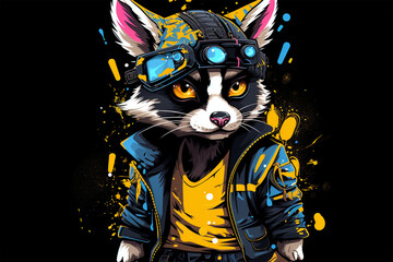 character design of a cyberpunk style raccoon