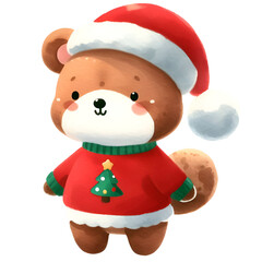 Christmas  cute bear wearing Santa suit watercolor holiday illustration isolated on white background, symbol winter, new year and Christmas, greeting card.