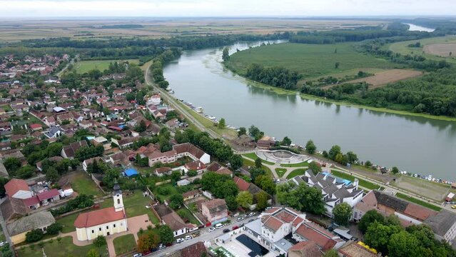 Aerial footage of town Novi Becej and river Tisza in Serbia