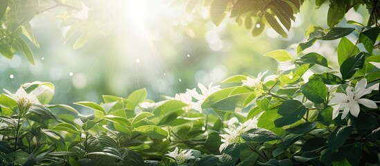 Obraz premium In the abstract composition capturing the essence of summer, the texture of nature emerges through the interplay of a vibrant green tree in spring, illuminated by beams of light, while delicate white