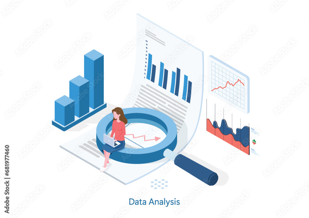 Aufkleber data analysis isometric concept. women sitting on magnifying glass and working on laptop computer wi