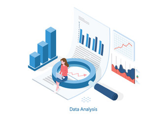 Data analysis isometric concept. Women sitting on magnifying glass and working on laptop computer with data analysis. - obrazy, fototapety, plakaty
