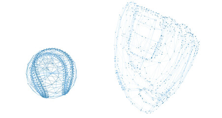 Light up your project with a 3D illustration showcasing a baseball and baseball glove in a glowing molecule style. Isolated on a transparent background, available in PNG format.