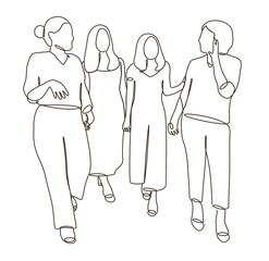 A front view line art of friendships of four young female friends walking and talking to each other. happy bonding. university students. colleague. cheerful