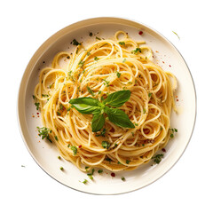 Spaghetti Aglio e Olio on a Plate Isolated on Transparent or White Background, PNG