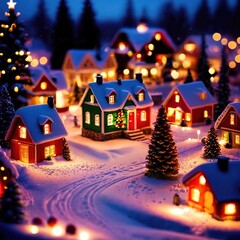 Fototapeta na wymiar Tiny Christmas village, bright glittery snow, bright colors, 