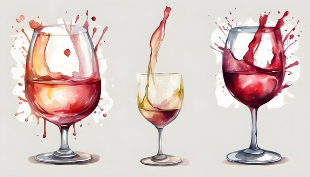 A set of beautiful glass in watercolor drawings with splashes of paint, on white background