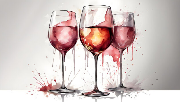 A set of glass in watercolor drawings of rose, red, and white wine with splashes of paint, on white background