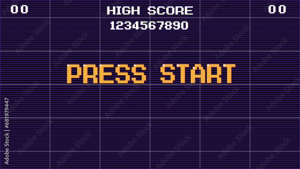 Poster press start insert a coin to continue. pixel art .8 bit game. retro game. for game assets.