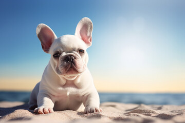 The animal portrait of a white cute French bulldog lying and sunbathing on the sand of a beautiful beach during summer vacation. Generative AI.