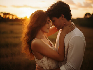 A tender embrace between a couple at sunset, conveying warmth and affection