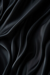 Fototapeta premium Luxury dark black satin silk cloth in wavy fold fabric texture surface background for wallpaper and other design. Generative AI.