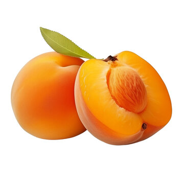 Fresh Organic Apricot Cut In Half Sliced with Leaves Isolated on White Background with Clipping Path