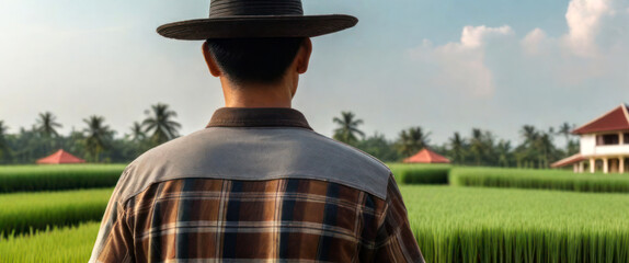 The back of a farmer standing and looking at his own rice field.