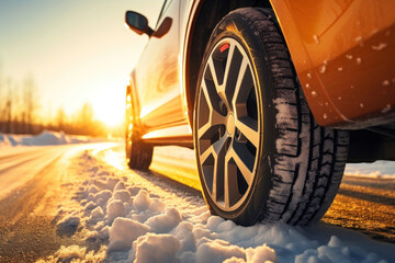 Fototapeta na wymiar A car on snow road. Tires on snowy highway detail. Winter tire.