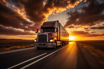 A truck driving on the asphalt road at sunset with dark clouds. - obrazy, fototapety, plakaty