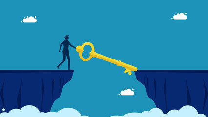How to solve the problem yourself. Businessman using keys as a bridge to bridge the cliff gap vector