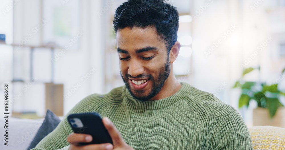 Poster man, living room sofa and texting with phone, smile and click for contact, meme and notification in 
