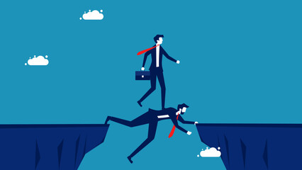Help others to achieve their goals. Business leaders use themselves as a bridge to get others over the cliff. vector - obrazy, fototapety, plakaty