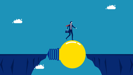 Solving problems with knowledge. Businessman crossing the cliff with light bulb bridge vector - obrazy, fototapety, plakaty