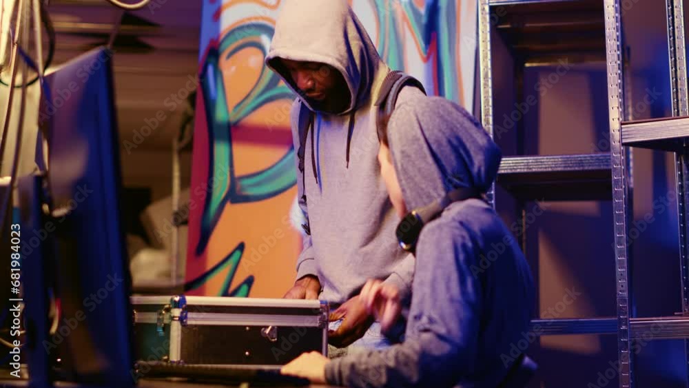 Poster hacker arriving in hidden warehouse headquarters with ssd containing sensitive data obtained from vi