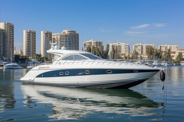 Fototapeta premium a beautiful snow-white yacht goes along the coast against the background of the city