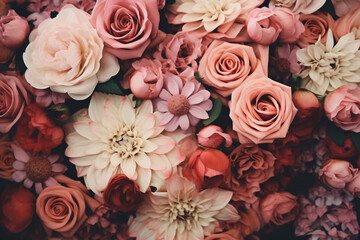 The abstract wallpaper of many vintage flower bouquets in gray, orange, pink, and white shade as a floral background for greeting card, wrapper, postcard or wedding invite. Generative AI.