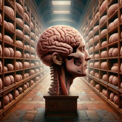 A library like a museum, Every book is a brain, Each book expresses an opinion, A world of information, Different cultures in one place, Abstract library.