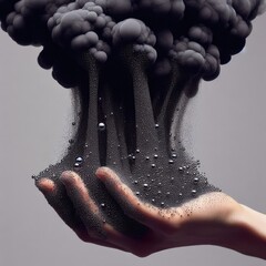 Lead explosion, a fictional image of explosives that happened on the hand. Thick black smoke rises from lead materials. The image represents dangerous chemicals and toxic gases. - obrazy, fototapety, plakaty