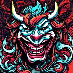 cartoon vector style t-shirt art of a devil laughing, bright neon colors