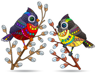 A set of illustrations in the style of stained glass windows with birds on branches, animals isolated on a white background