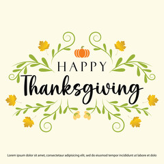 Vector illustration of thanksgiving lettering label - surrounded by doodle decorative elements - leaves, flowers.