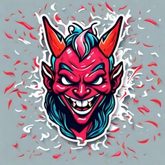 cartoon vector style t-shirt art of a devil laughing, bright neon colors
