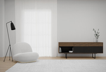 Empty white wall  with armchair and carpet on wooden floor. 3d rendering of interior living room.