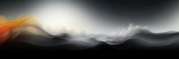 In a wide-format abstract background image, dynamic waves with a gradient are enveloped in a foggy atmosphere, featuring an orange color accent. Illustration