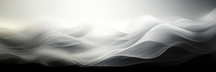 In a wide-format abstract background image, a desaturated gradient enhances a dynamic flow, enveloped in fog, resulting in a visually intriguing and atmospheric composition. Illustration