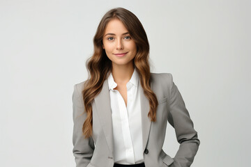 The portrait of a confident business woman in a suit with brown or gray hair standing and posing on a white studio screen background. Generative AI.