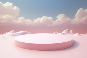 The 3d rendering landscape model of a pink sandbox with a circle display platform on the floor and cloudy sky like heaven background. Generative AI.